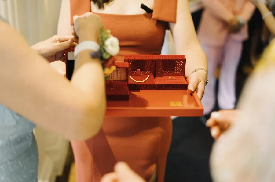 Traditional gold necklace and ring presented in a red Chinese wedding box, Melbourne