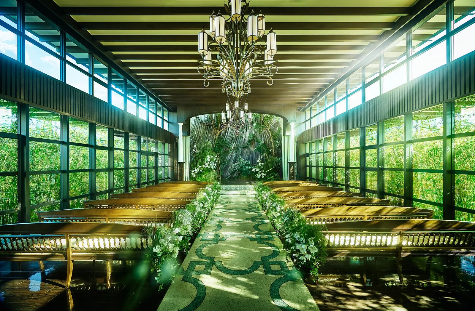 The Bamboo Garden room, with the grove rising through the building